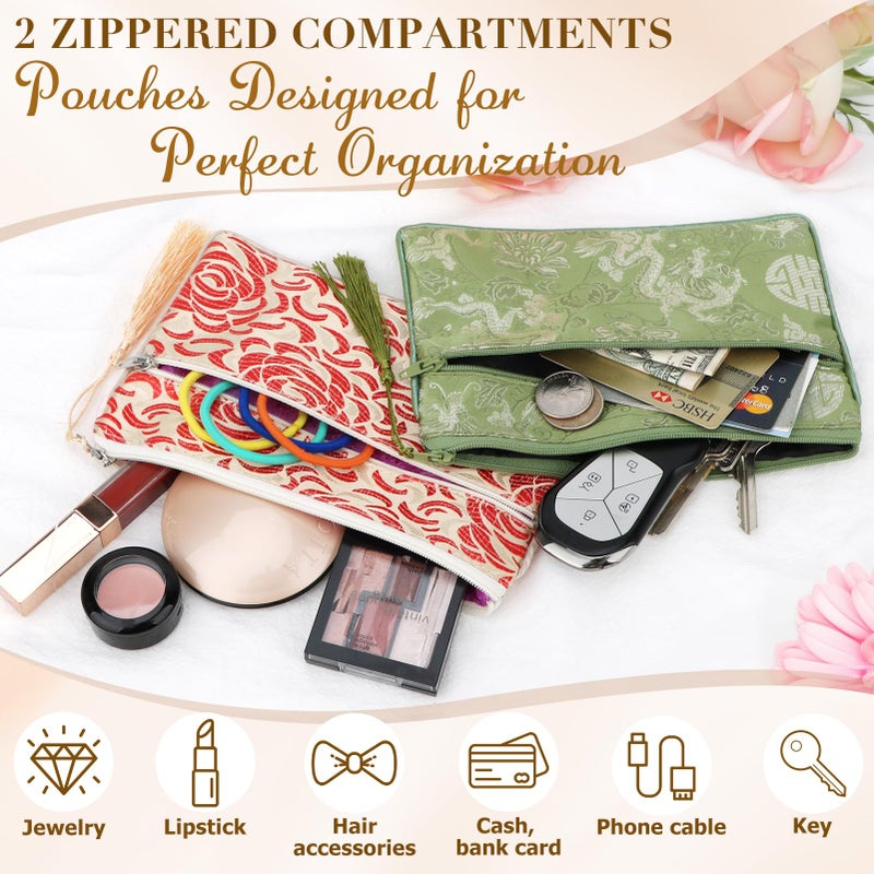 kilofly 2 pc Chinese Silk Brocade 2 Zipper Pocket Tassel Jewelry Bag Gift Pouch set2 D - Image 5